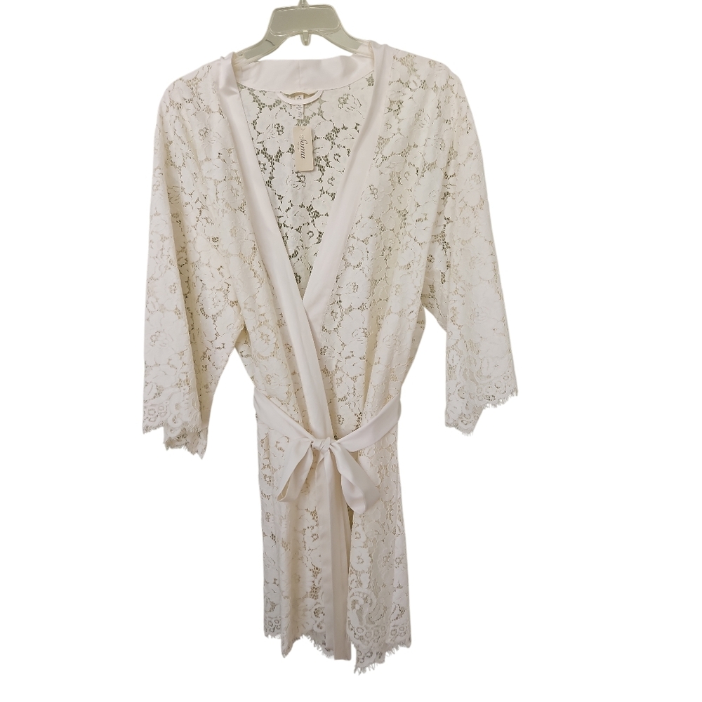 Soma Robe All Over Lace Size L/XL Ivory Satin Details Attached Belt - Picture 10 of 16
